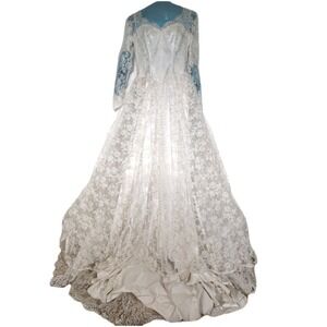 Vintage 50s Lace Tulle Wedding Dress Long Sleeve Floral Beaded Bust Trim Sz XS/S